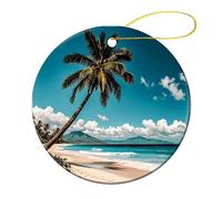 4 Pcs Ceramic Christmas Ornaments - Palm Tree Hawaii Beach Round Porcelain Hanging Decor with Double-Sided Printing, Christmas Tree Ornament for Holiday Keepsake Gifts (2.8 Inch)