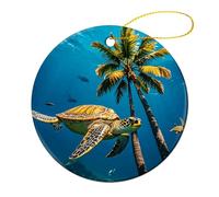 4 Pcs Ceramic Christmas Ornaments - Palm Trees and Sea Turtles Diving Underwater Round Double Sided Porcelain Hanging Decor for Xmas Tree, Holiday Home Decor and Gift Party Decorations (2.8 Inch)