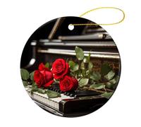 4 Pcs Ceramic Christmas Ornaments - Red Rose on Piano Round Porcelain Hanging Decor with Double-Sided Printing, Christmas Tree Ornament for Holiday Keepsake Gifts (2.8 Inch)