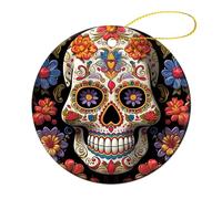 4 Pcs Ceramic Christmas Ornaments - Sugar Skulls Round Porcelain Hanging Decor with Double-Sided Printing, Christmas Tree Ornament for Holiday Keepsake Gifts (2.8 Inch)