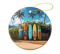 4 Pcs Ceramic Christmas Ornaments - Surf's Up Surfboard Round Double Sided Porcelain Hanging Decor for Xmas Tree, Holiday Home Decor and Gift Party Decorations (2.8 Inch)