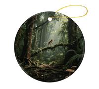 4 Pcs Ceramic Christmas Ornaments - Tropical Plants Monkey Round Double Sided Porcelain Hanging Decor for Xmas Tree, Holiday Home Decor and Gift Party Decorations (2.8 Inch)