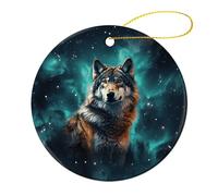 4 Pcs Ceramic Christmas Ornaments - Wolf Under The Starry Sky Round Porcelain Hanging Decor with Double-Sided Printing, Christmas Tree Ornament for Holiday Keepsake Gifts (2.8 Inch)