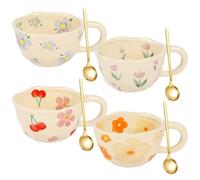 4 Pcs Ceramic Coffee Mugs, Cute Flower Mugs with Spoons, 8.5oz Irregular Porcelain Tea Cups, Aesthetic Floral Mugs with Handles, Creative Ceramic Milk Cups for Home, Office