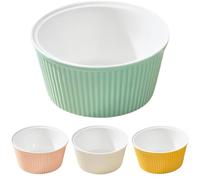 4 Pcs Ceramic Ramekins Oven Safe, 10.1 fl oz Porcelain Souffle Dishes for Baking, Stackable Pudding Bowls with Vertical Striped Design, Blue Yellow White Pink, 4.5 x 4.5 x 2.2 in