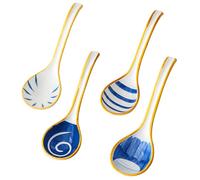 4 Pcs Ceramic Soup Spoons, Asian Soup Spoons with Long Handles, Unique Japanese Retro Designs, Blue Line, Fire Shadow, Ripple, Moonlight, for Soup, Ramen, and More