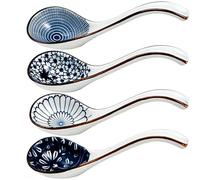 4 Pcs Ceramic Soup Spoons, Japanese Design Ramen Spoons, Porcelain Long Handle Spoons for Ramen & Pho, Wonton, Miso, Noodles, and Rice, Elegant Blue and White Pattern - Set of 4