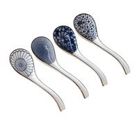 4 Pcs Ceramic Soup Spoons Set, Japanese Soup Spoons Ceramic with Long Handles, Blue and White Ramen Spoons, Classic Patterns, Ideal for Home and Restaurant Use