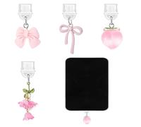4 Pcs Charms for Phone Pink Bow Dust Plug Charm Cute Lily Dust Stoppers Dusts Plug Charms Compatible with Phone with Type C Charging Port Coquette Gift for Book Lover Readers Men Women Teachers