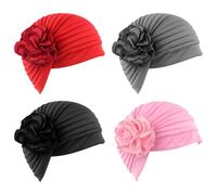 4 PCS Chemo Headwear for Women, Cancer Headwear Women without Brim, with Flower Pattern, Soft and Breathable, Suitable for Cancer Hair Loss Patients (Black, Red, Pink, Dark Gray)