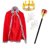 4 Pcs Child Red Cloak Robe Kids King Costume with Golves Golden Scepter Prince Cape Dress up for Halloween Girls Boys Role Play