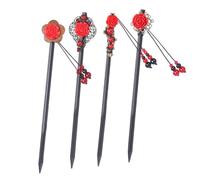 4 Pcs Chinese Hair Sticks for Women Japanese Hair Chopsticks Accessories Retro Red Wooden Cherry Clips Handmade Flower Tassel Geisha Costume for Girls Long Hair (Red)