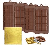 4 PCS Chocolate Moulds with 100 Gold Foil Wrappers, FineGood Non-Stick Chocolate Bar Moulds Chocolate Bar Maker Break-Apart Silicone Chocolate Moulds