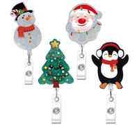4 Pcs Christmas Badge Reels Retractable - Cute Snowman Christmas Tree Penguin Santa Claus Holiday Badge Reel with Swivel Clip, Xmas Name Tag Card Badge Clip Accessories, Christmas Gifts