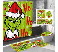 4 Pcs Christmas Bathroom Set, Christmas Shower Curtain Sets Ho Ho Ho Shower Curtain Non-Slip Rugs Toilet Lid Cover and Bath Mat Set 72 X 72 Inches with Hooks Christmas Holiday Bathroom Decor (styleC)