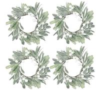 4 Pcs Christmas Candle Rings Holder Snowy Artificial Mistletoe Wreaths with Pearl Farmhouse Candle Lambs Ear for Taper Pillar Candle Table Home Decor (Green)