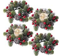 4 Pcs Christmas Candle Rings Wreath Artificial Table Greenery Wreath Pine Garland Red Berry Mini Cabinet Wreaths for Kitchen Cabinets,Windows,Front Door Pillars (4PCS)
