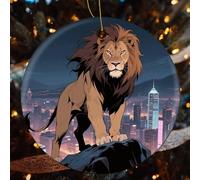 4 Pcs Christmas Ceramic Ornaments for Tree Decorations - African Lion Farmhouse Christmas Decor, Hanging Pendant Round Ornament for Xmas Tree Gifts (2.8 Inch)