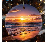 4 Pcs Christmas Ceramic Ornaments for Tree Decorations - Beach Sunset Waves Farmhouse Christmas Decor, Hanging Pendant Round Ornament for Xmas Tree Gifts (2.8 Inch)