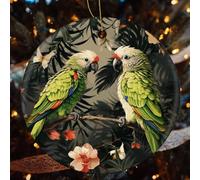 4 Pcs Christmas Ceramic Ornaments for Tree Decorations - Couple Parrots Olive Farmhouse Christmas Decor, Hanging Pendant Round Ornament for Xmas Tree Gifts (2.8 Inch)