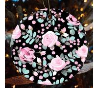 4 Pcs Christmas Ceramic Ornaments for Tree Decorations - Cute Pink Rose Mix Leopard Farmhouse Christmas Decor, Hanging Pendant Round Ornament for Xmas Tree Gifts (2.8 Inch)