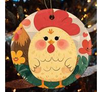 4 Pcs Christmas Ceramic Ornaments for Tree Decorations - Cute Rooster Chickens Farmhouse Christmas Decor, Hanging Pendant Round Ornament for Xmas Tree Gifts (2.8 Inch)