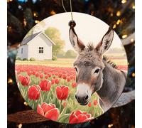 4 Pcs Christmas Ceramic Ornaments for Tree Decorations - Donkey and Red Flower Farmhouse Christmas Decor, Hanging Pendant Round Ornament for Xmas Tree Gifts (2.8 Inch)