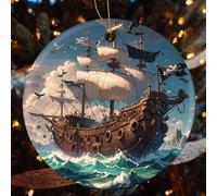 4 Pcs Christmas Ceramic Ornaments for Tree Decorations - Fantasy Pirate Ship Farmhouse Christmas Decor, Hanging Pendant Round Ornament for Xmas Tree Gifts (2.8 Inch)