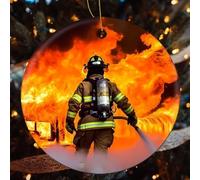 4 Pcs Christmas Ceramic Ornaments for Tree Decorations - Firefighter Fireman Flame Farmhouse Christmas Decor, Hanging Pendant Round Ornament for Xmas Tree Gifts (2.8 Inch)