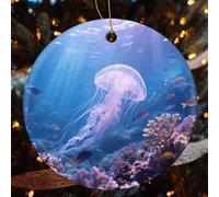 4 Pcs Christmas Ceramic Ornaments for Tree Decorations - Jellyfish Swimming Farmhouse Christmas Decor, Hanging Pendant Round Ornament for Xmas Tree Gifts (2.8 Inch)