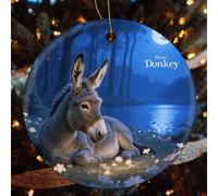 4 Pcs Christmas Ceramic Ornaments for Tree Decorations - Moon Donkey Farmhouse Christmas Decor, Hanging Pendant Round Ornament for Xmas Tree Gifts (2.8 Inch)