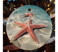 4 Pcs Christmas Ceramic Ornaments for Tree Decorations - Ocean Starfish Farmhouse Christmas Decor, Hanging Pendant Round Ornament for Xmas Tree Gifts (2.8 Inch)