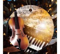 4 Pcs Christmas Ceramic Ornaments for Tree Decorations - Piano Violin Music Notes Farmhouse Christmas Decor, Hanging Pendant Round Ornament for Xmas Tree Gifts (2.8 Inch)