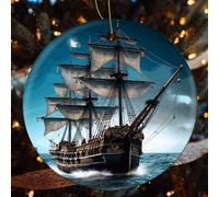 4 Pcs Christmas Ceramic Ornaments for Tree Decorations - Pirate Ship Farmhouse Christmas Decor, Hanging Pendant Round Ornament for Xmas Tree Gifts (2.8 Inch)