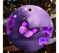 4 Pcs Christmas Ceramic Ornaments for Tree Decorations - Purple Butterfly Farmhouse Christmas Decor, Hanging Pendant Round Ornament for Xmas Tree Gifts (2.8 Inch)
