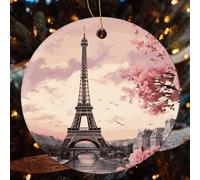 4 Pcs Christmas Ceramic Ornaments for Tree Decorations - Romantic Paris Tower Farmhouse Christmas Decor, Hanging Pendant Round Ornament for Xmas Tree Gifts (2.8 Inch)