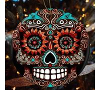 4 Pcs Christmas Ceramic Ornaments for Tree Decorations - Sugar Skulls Day of The Dead Farmhouse Christmas Decor, Hanging Pendant Round Ornament for Xmas Tree Gifts (2.8 Inch)
