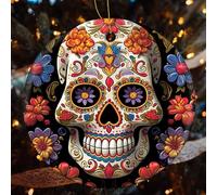 4 Pcs Christmas Ceramic Ornaments for Tree Decorations - Sugar Skulls Farmhouse Christmas Decor, Hanging Pendant Round Ornament for Xmas Tree Gifts (2.8 Inch)
