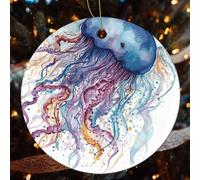 4 Pcs Christmas Ceramic Ornaments for Tree Decorations - Watercolor Jellyfish Farmhouse Christmas Decor, Hanging Pendant Round Ornament for Xmas Tree Gifts (2.8 Inch)