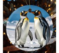 4 Pcs Christmas Ceramic Ornaments for Tree Decorations - Young Penguins with Snow Farmhouse Christmas Decor, Hanging Pendant Round Ornament for Xmas Tree Gifts (2.8 Inch)
