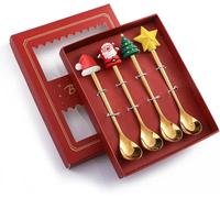 4 Pcs Christmas Coffee Dessert Spoon Christmas Cartoon Stainless Steal Tea Spoon Ice Cream Small Silverware Shovel set for Home Kitchen Gold and Silver With Gift Box