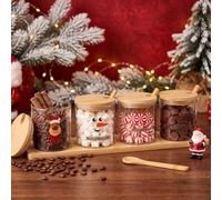 4 Pcs Christmas Hot Cocoa Bar Supplies 12 oz Glass Jar with Lids and Spoon | Coffee Containers with Bamboo Base, Reindeer Candy Snowman Design, Hot Chocolate Bar Accessories, Xmas Holiday Party Decor