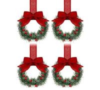 4 Pcs Christmas Mini Cabinet Wreaths for Kitchen with Ribbon Bows Red Berry Window Artificial Hanging Small Wreath, Garlands