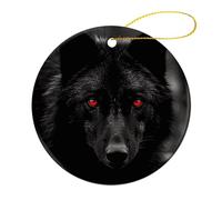 4 Pcs Christmas Ornament - 2.8" Round Ceramic, Double-Sided Print Xmas Tree Decoration, Black Red Eyed Wolf Ornament for Christmas Tree, Winter Holiday, Home Decor & Gift
