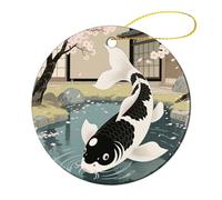 4 Pcs Christmas Ornament - 2.8" Round Ceramic, Double-Sided Print Xmas Tree Decoration, Japanese Yin Yang Koi Fish Ornament for Christmas Tree, Winter Holiday, Home Decor & Gift