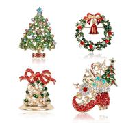 4 Pcs Christmas Ornaments Set - Rhinestone Crystal Christmas Tree Wreath Bell & Stocking Brooches for Women, Festive Enamel Lapel Pins for Sweaters, Coats, Bags & Party Gifts