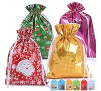 4 Pcs Christmas Ribbon Gift Bags, 58CM*43CM Drawstring Xmas Presents Bags With Cards for Party, Holiday, Birthday and Christmas Decorations