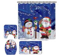 4 PCS Christmas Shower Curtain Sets, Xmas Bathroom Set Toilet Seat Cover Rug Snowman Gnome Rustic Tree Santa Theme Tub Room Décor,Cute Holiday Decorations (N8)