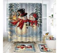 4 PCS Christmas Shower Curtain Sets, Xmas Bathroom Set Toilet Seat Cover Rug Snowman Gnome Rustic Tree Santa Theme Tub Room Décor,Cute Holiday Decorations (N1)