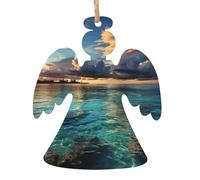 4 PCS Christmas Wooden Ornaments Hanging Beautiful View of The sea Christmas Tree Ornaments Angel Shape Rustic Xmas Wishes Tags Hanging Craft Label for Christmas Decoration Party Supplies